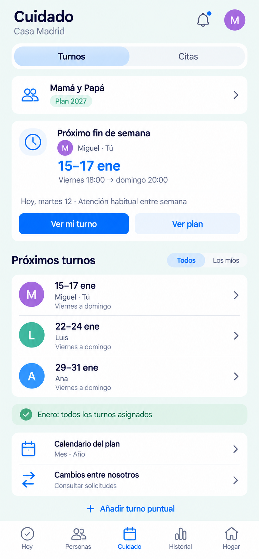 Calendario de turnos familiares y cuidados