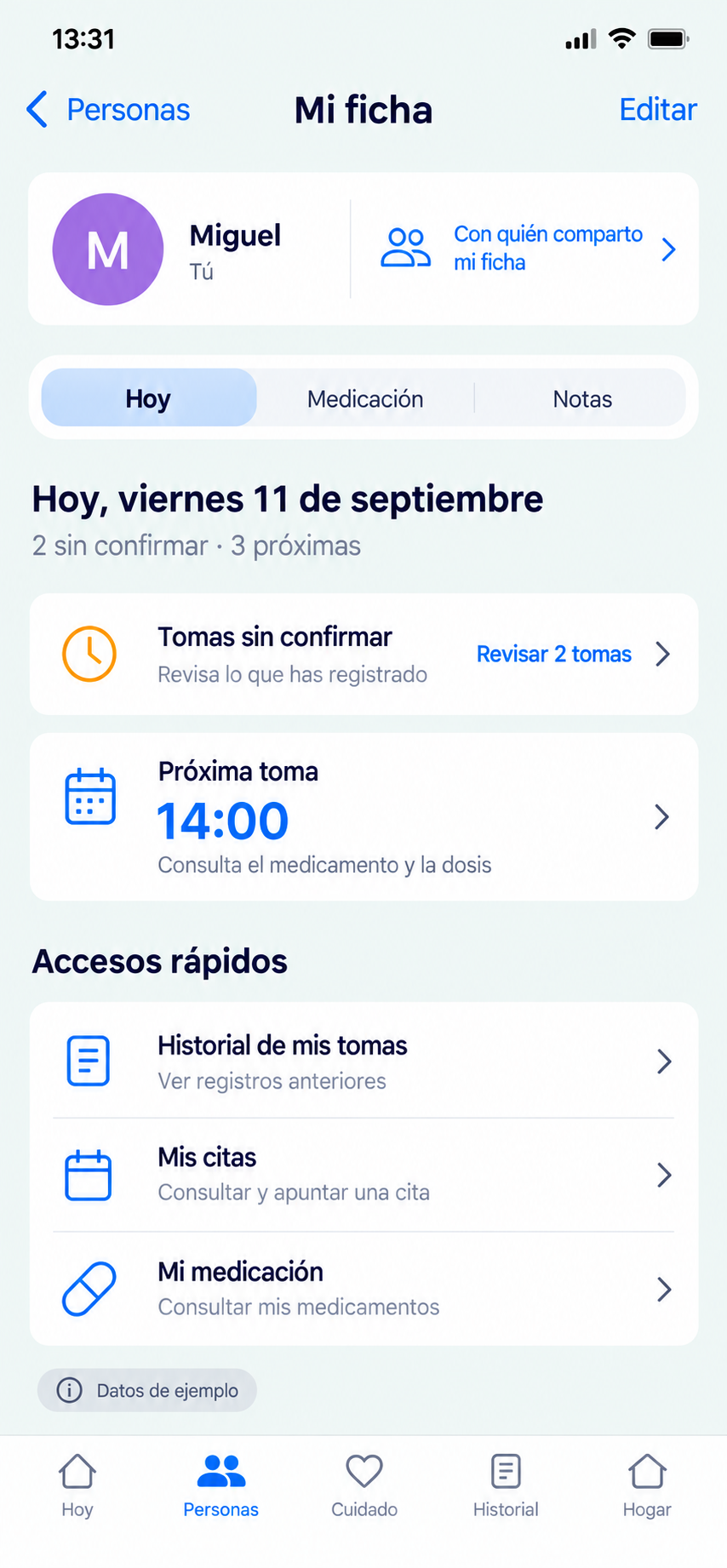Ficha de cuidado con la información de una persona