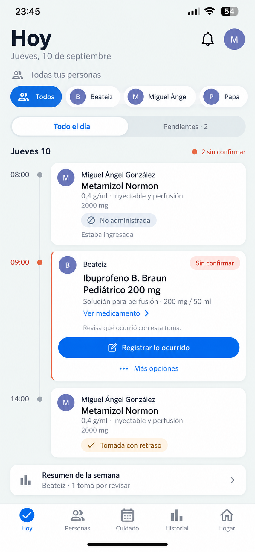 Recordatorios y seguimiento de las tomas del día